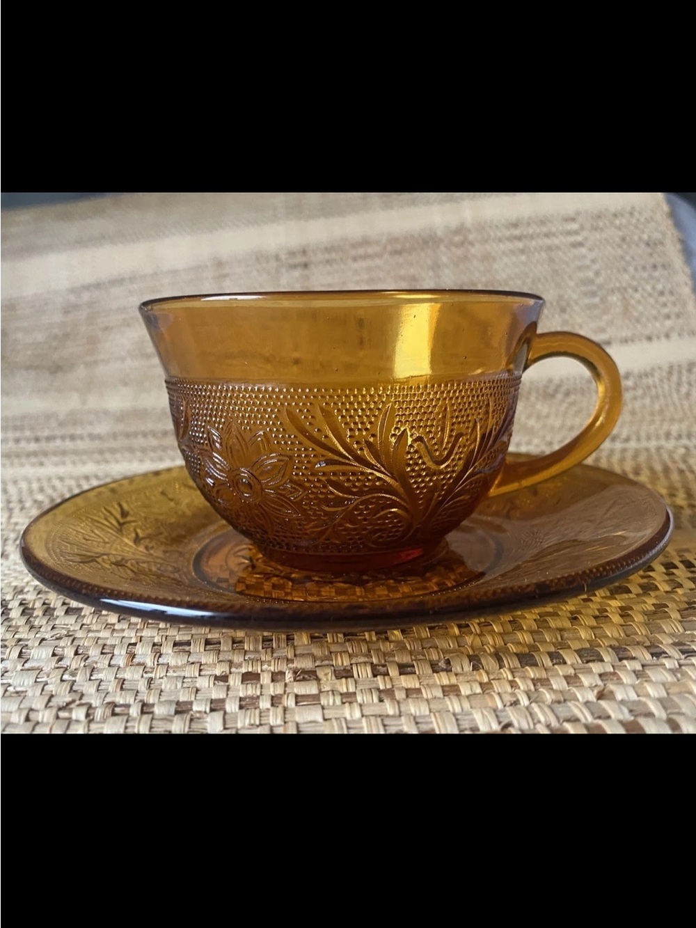 Vintage Indiana Glass Sandwich Pattern Amber Tea Cup And Saucer